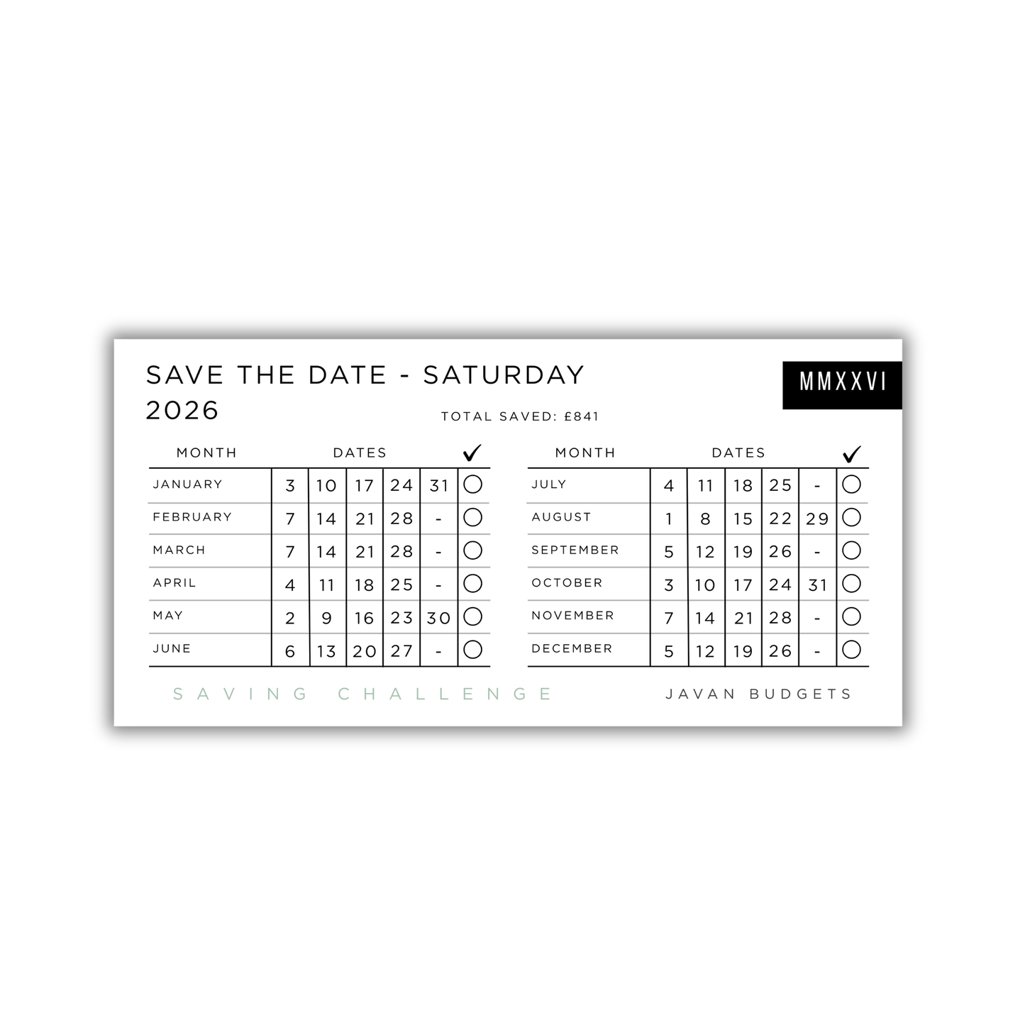 Save the Date Saturday 2026 | Savings Challenge